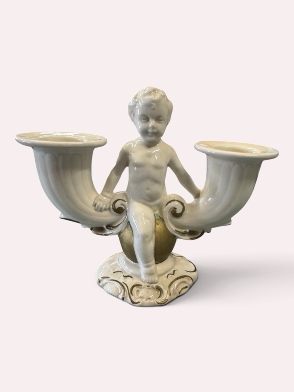 Vintage Guilted Gold / White Cherub Figure Porcelain Candle Holder